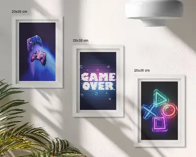 Žaidimų pulteliai su „Game Over“ piktogramomis 3 paveikslų rinkinys su rėmais