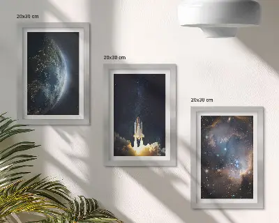 Įrėmintų paveikslų rinkinys su erdvės, Žemės, raketos, galaktikos, dangaus ir žvaigždžių motyvais