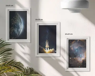 Įrėmintų paveikslų rinkinys su erdvės, Žemės, raketos, galaktikos, dangaus ir žvaigždžių motyvais