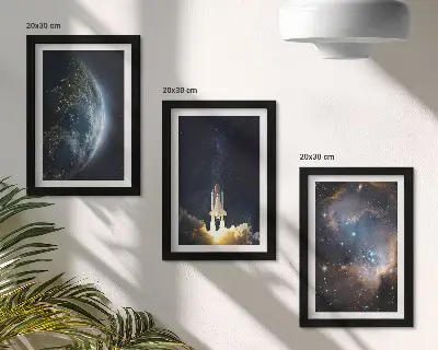 Įrėmintų paveikslų rinkinys su erdvės, Žemės, raketos, galaktikos, dangaus ir žvaigždžių motyvais