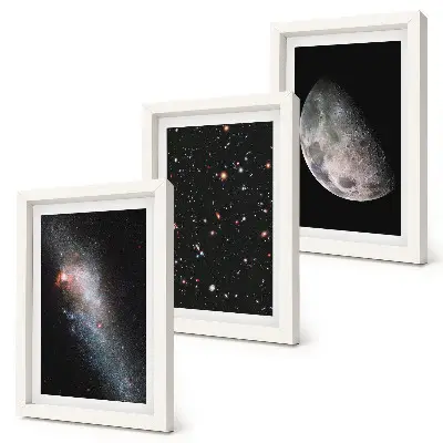 3 paveikslų rinkinys su rėmais kosminės galaktikos su žvaigždėmis ir pilnaties vaizdu