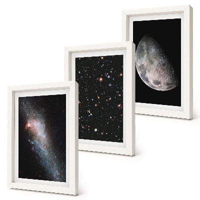 3 paveikslų rinkinys su rėmais Kosminės galaktikos žvaigždės ir pilnatis