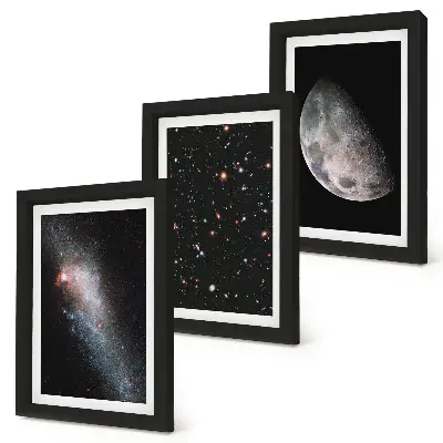 3 paveikslų rinkinys su rėmais kosminės galaktikos su žvaigždėmis ir pilnaties vaizdu