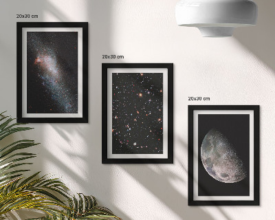 3 paveikslų rinkinys su rėmais Kosminės galaktikos žvaigždės ir pilnatis