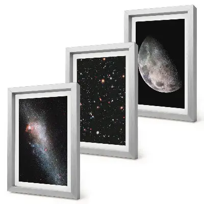 3 paveikslų rinkinys su rėmais kosminės galaktikos su žvaigždėmis ir pilnaties vaizdu