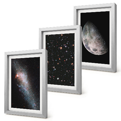 3 paveikslų rinkinys su rėmais Kosminės galaktikos žvaigždės ir pilnatis