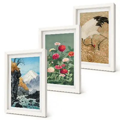 3 paveikslų rinkinys su rėmais kalnų peizažas su upe, gėlėmis ir gervėmis