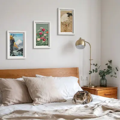 3 paveikslų rinkinys su rėmais kalnų peizažas su upe, gėlėmis ir gervėmis