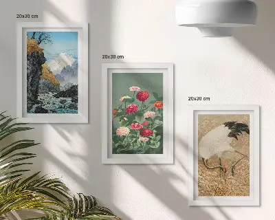 3 paveikslų rinkinys su rėmais kalnų peizažas su upe, gėlėmis ir gervėmis