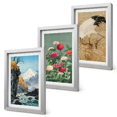 3 paveikslų rinkinys su rėmais kalnų peizažas su upe, gėlėmis ir gervėmis