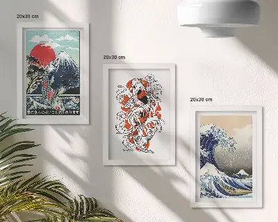 3 paveikslų rinkinys su rėmais japoniško stiliaus žuvų kalnų ir Didžiosios bangos prie Kanagavos iliustracijos