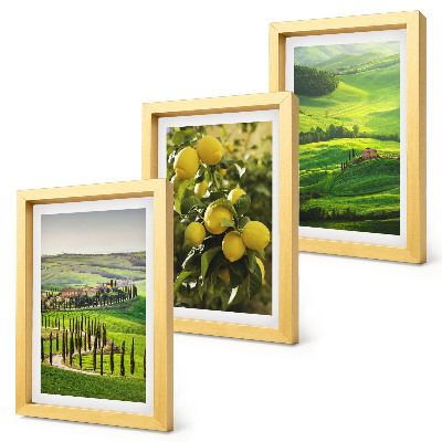 3 paveikslų rinkinys su rėmais Italijos peizažai su citrusiniais medžiais ir žaliomis kalvomis