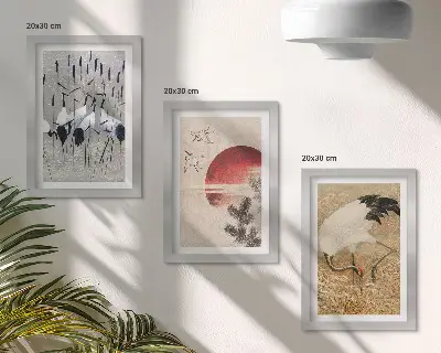 Japoniško krano iliustracijų rinkinys trijų paveikslų komplektas su rėmais Japandi stiliaus peizažas