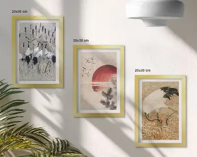 Japoniško krano iliustracijų rinkinys trijų paveikslų komplektas su rėmais Japandi stiliaus peizažas