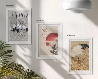Japoniško krano iliustracijų rinkinys trijų paveikslų komplektas su rėmais Japandi stiliaus peizažas