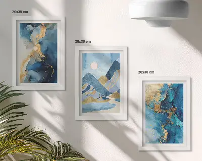 Mėlynieji kalnai su abstrakčiais raštų elementais 3 paveikslų rinkinys su rėmais