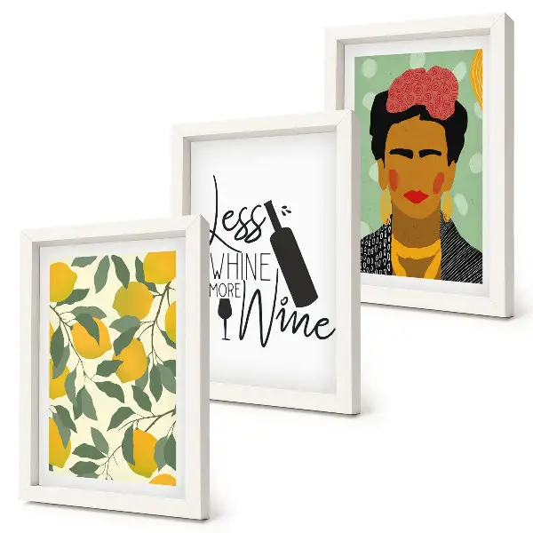 3 paveikslų rinkinys su rėmais citrinų šūkis apie vyną ir Fridos Kahlo portretas
