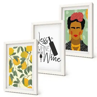 3 paveikslų rinkinys su rėmais citrinų šūkis apie vyną ir Fridos Kahlo portretas