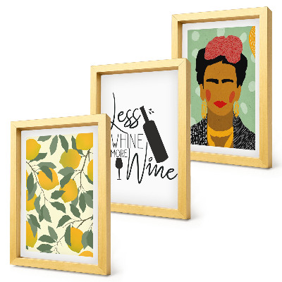 3 paveikslų rinkinys su rėmais Citrinų šūkis apie vyną, Fridos Kahlo portretas