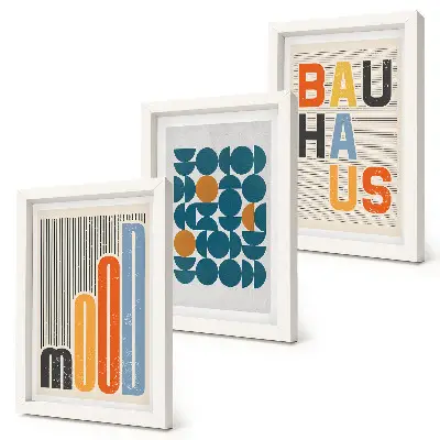 Įrėmintų paveikslų rinkinys su Bauhaus stiliaus geometrinių raštų plakatais