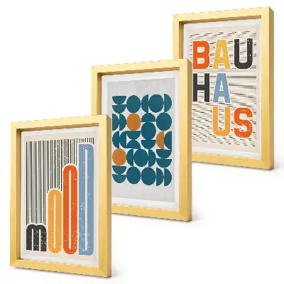 Įrėmintų paveikslų rinkinys su Bauhaus stiliaus geometrinių raštų plakatais