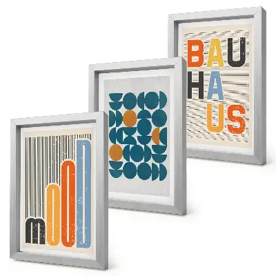 Įrėmintų paveikslų rinkinys su Bauhaus stiliaus geometrinių raštų plakatais