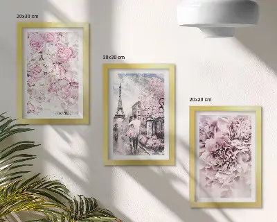 Įrėmintų paveikslų rinkinys romantiškas peizažas su gėlėmis rožiniais atspalviais