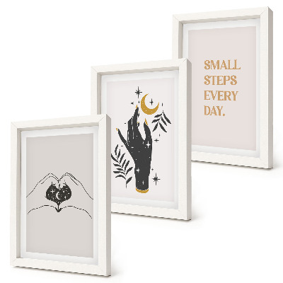 3 paveikslų rinkinys su rėmais Minimalistinės iliustracijos, įkvepiančios bohemišką tekstą