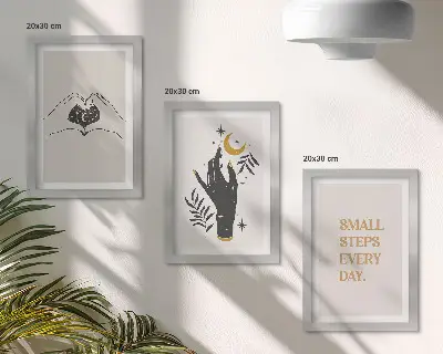 3 paveikslų rinkinys su rėmais minimalistinės iliustracijos su įkvepiančiais bohemiškais tekstais