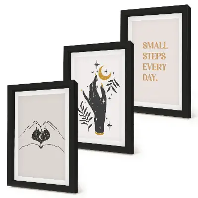3 paveikslų rinkinys su rėmais minimalistinės iliustracijos su įkvepiančiais bohemiškais tekstais