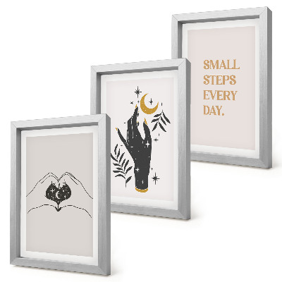 3 paveikslų rinkinys su rėmais Minimalistinės iliustracijos, įkvepiančios bohemišką tekstą