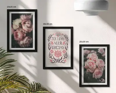 Vintažinės rožės su užrašu apie svajones 3 paveikslų rinkinys su rėmais
