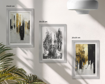 3 paveikslų rinkinys su rėmais Kontrastingos abstrakcijos su portretais ir architektūra