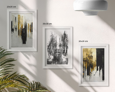 3 paveikslų rinkinys su rėmais Kontrastingos abstrakcijos su portretais ir architektūra