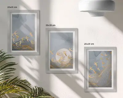Paukščiai danguje ir mėnulyje trijų paveikslų rinkinys su rėmais