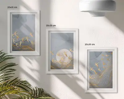 Paukščiai danguje ir mėnulyje trijų paveikslų rinkinys su rėmais
