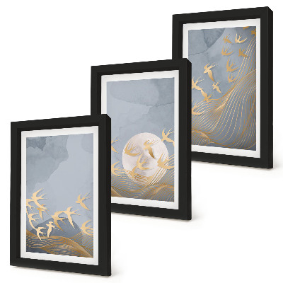 3 paveikslų rinkinys su rėmais Paukščiai skrenda danguje ir mėnulyje