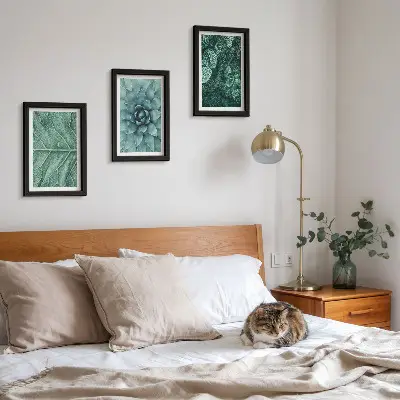 Įrėmintų paveikslų rinkinys sukulentų ir lapų stambių planų motyvais