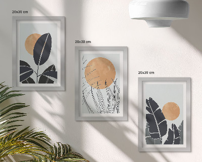 Įrėmintų paveikslų rinkinys Augalų raštai su didelėmis saulėmis, minimalistinis stilius
