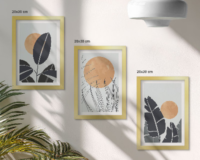 Įrėmintų paveikslų rinkinys Augalų raštai su didelėmis saulėmis, minimalistinis stilius