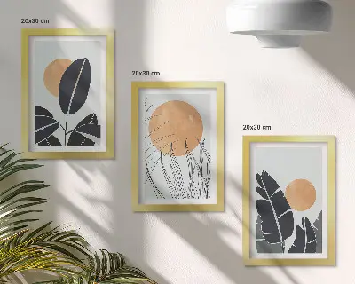 Įrėmintų paveikslų rinkinys minimalistinio stiliaus augalų raštai su didelėmis saulėmis