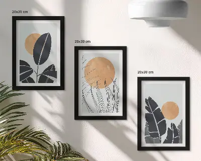 Įrėmintų paveikslų rinkinys minimalistinio stiliaus augalų raštai su didelėmis saulėmis