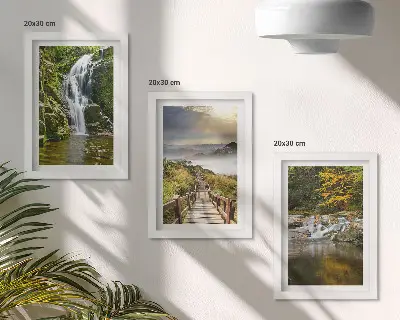 Įrėmintų paveikslų rinkinys su krioklių, kalnų, debesų takų ir rudens vaizdais