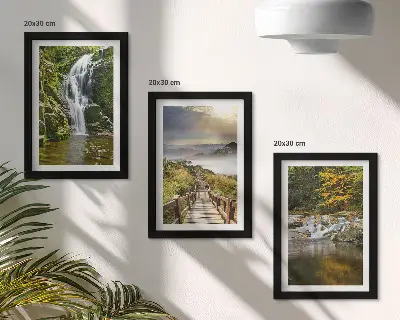 Įrėmintų paveikslų rinkinys su krioklių, kalnų, debesų takų ir rudens vaizdais
