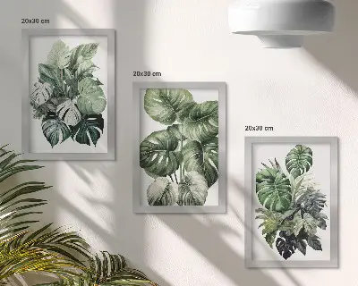 3 paveikslų rinkinys su rėmais žali tropinių augalų lapai akvarelės technika