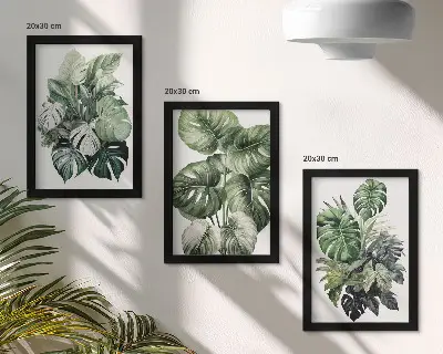 3 paveikslų rinkinys su rėmais žali tropinių augalų lapai akvarelės technika