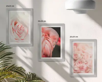 Įrėmintų paveikslų rinkinys pastelinės rožinės ir flamingo spalvos subtiliais atspalviais