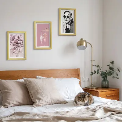 Įrėmintų paveikslų rinkinys rožinės gėlės ir elegantiška moteris