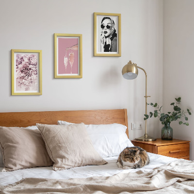 Įrėmintų paveikslų rinkinys Rožinės spalvos gėlės ir elegantiška moteris