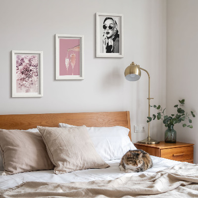 Įrėmintų paveikslų rinkinys Rožinės spalvos gėlės ir elegantiška moteris